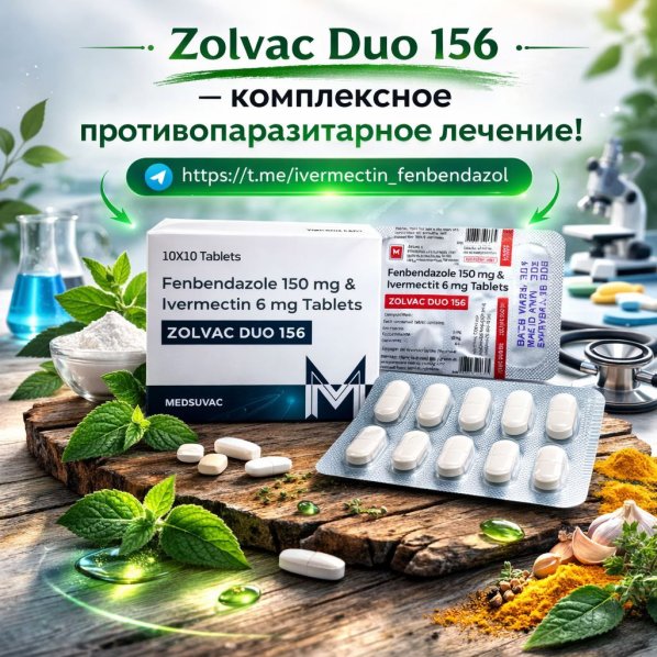 Zolvac Duo-156 (Фенбендазол 150мг + Ивермектин 6мг) 100 таблеток